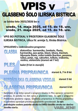 plakat vpis v glasbeno šolo ib 2025 2026